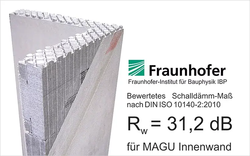 Schallschutzprüfung der MAGU Innenwand mit 31,2 dB gemäß Fraunhofer-Zertifikat