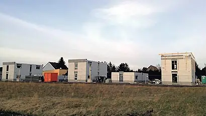 Passivhäuser im Rohbau sieben Wochen nach Projektstart