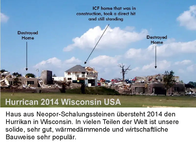 Ein Haus mit MAGU Wandschalung übersteht den Hurrikan 2014 in Wisconsin, während umliegende Gebäude zerstört wurden. Die massive Bauweise bietet hohe Widerstandsfähigkeit gegen extreme Wetterbedingungen.